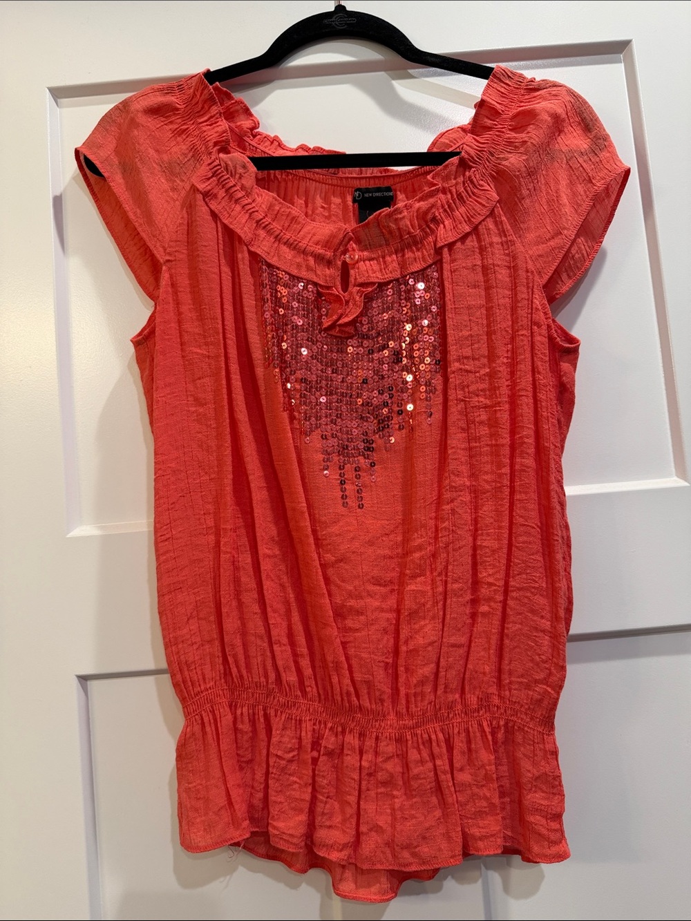 Women’s Coral Sequin Ruffle Short-Sleeve Top Blouse Size Small